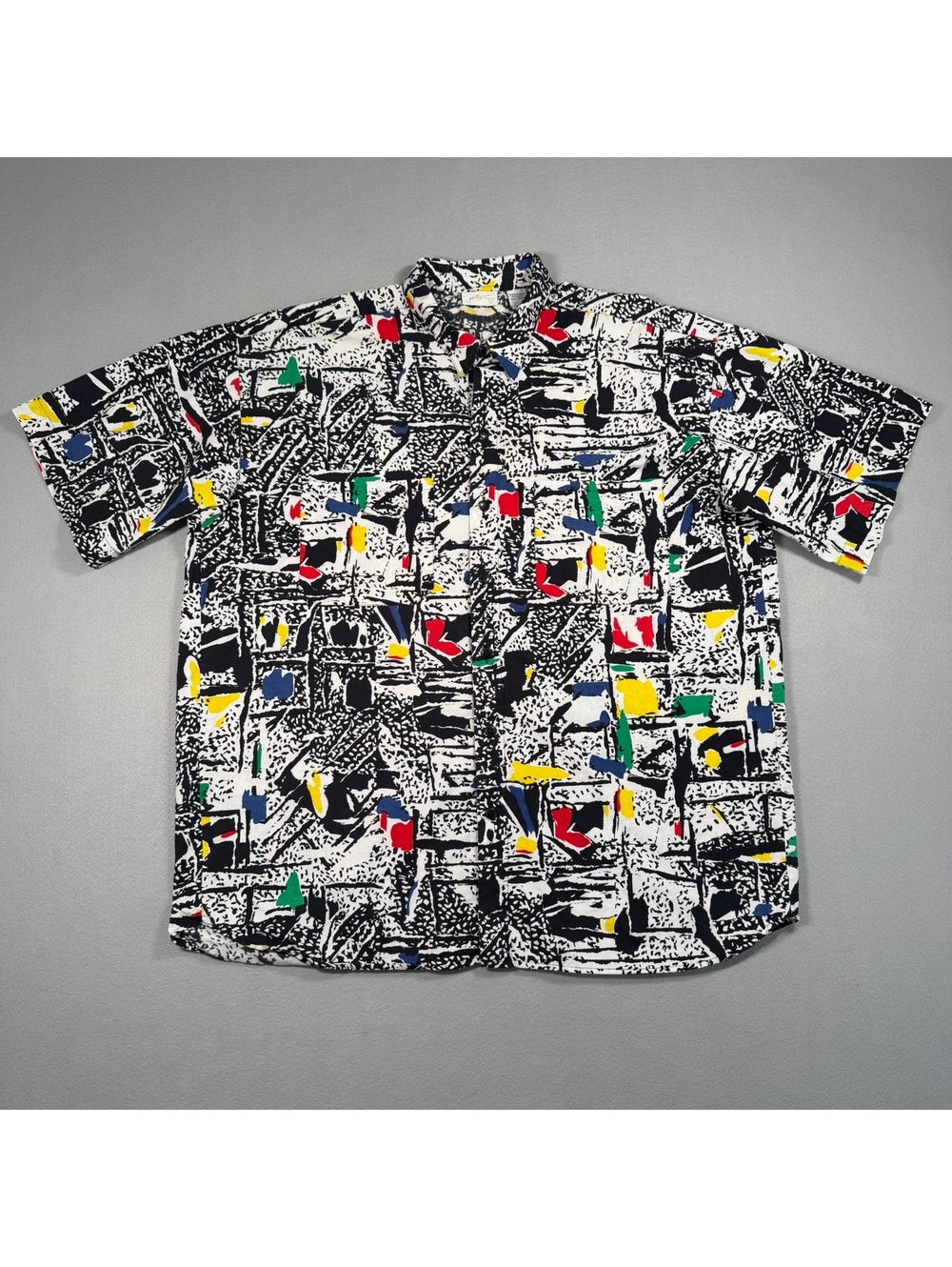 Vintage 1990s Gottex Abstract Print Button Up Shirt Mens L Black White Cotton